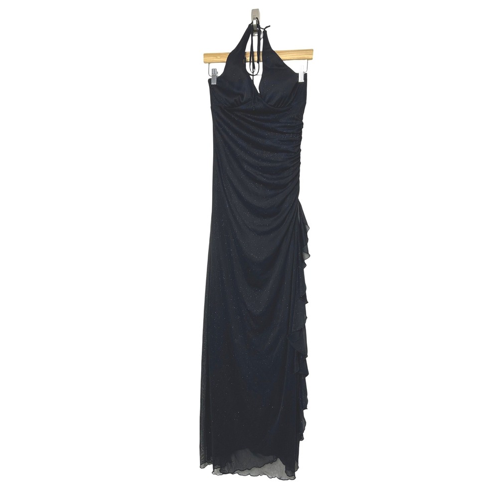 Y2k City Triangles Prom Dress‎ Gown L Black Glitter Ruched Halter Whimsigoth